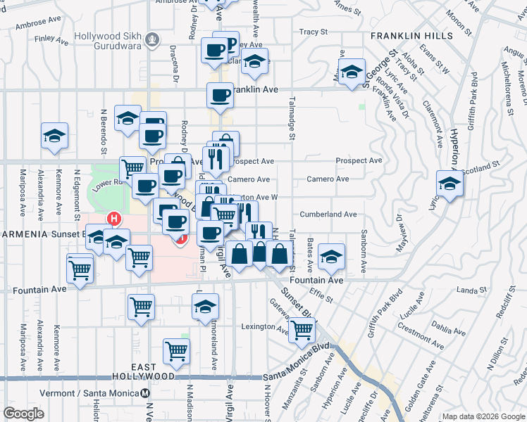 map of restaurants, bars, coffee shops, grocery stores, and more near 1547 North Commonwealth Avenue in Los Angeles
