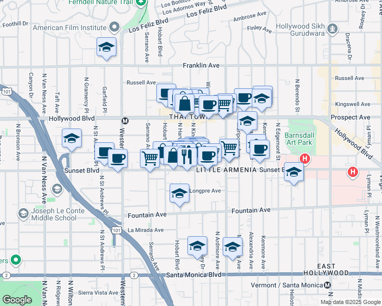 map of restaurants, bars, coffee shops, grocery stores, and more near 1543 North Kingsley Drive in Los Angeles