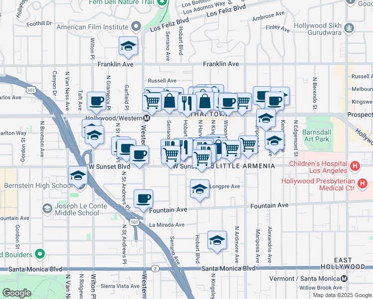 map of restaurants, bars, coffee shops, grocery stores, and more near 1550 North Hobart Boulevard in Los Angeles