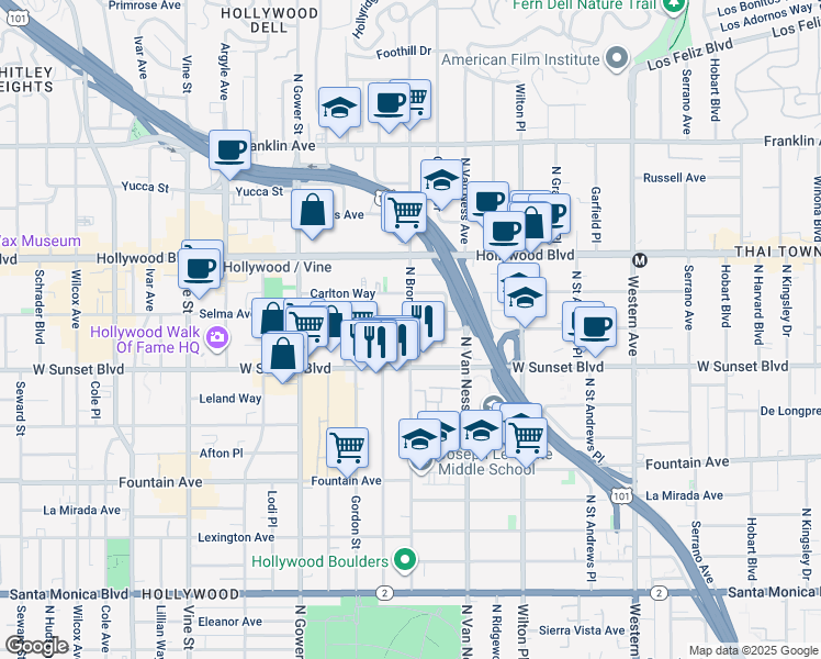 map of restaurants, bars, coffee shops, grocery stores, and more near 1545 North Bronson Avenue in Los Angeles
