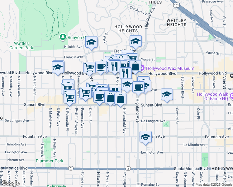 map of restaurants, bars, coffee shops, grocery stores, and more near 1530 North Orange Drive in Los Angeles