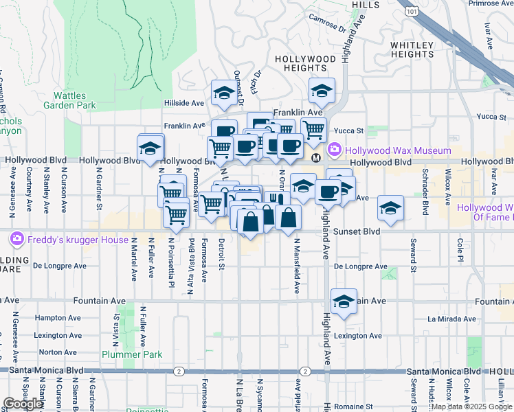 map of restaurants, bars, coffee shops, grocery stores, and more near 7027 Lanewood Avenue in Los Angeles