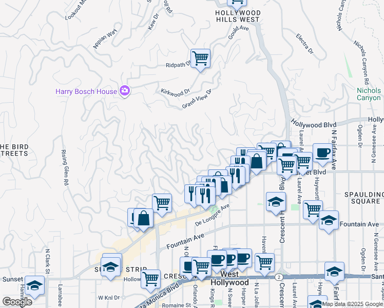 map of restaurants, bars, coffee shops, grocery stores, and more near 8448 Franklin Avenue in Los Angeles