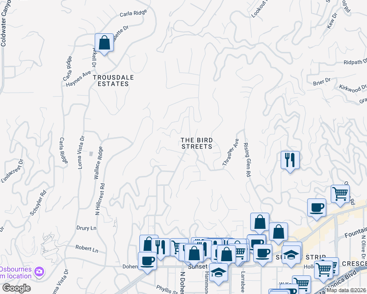 map of restaurants, bars, coffee shops, grocery stores, and more near in Los Angeles