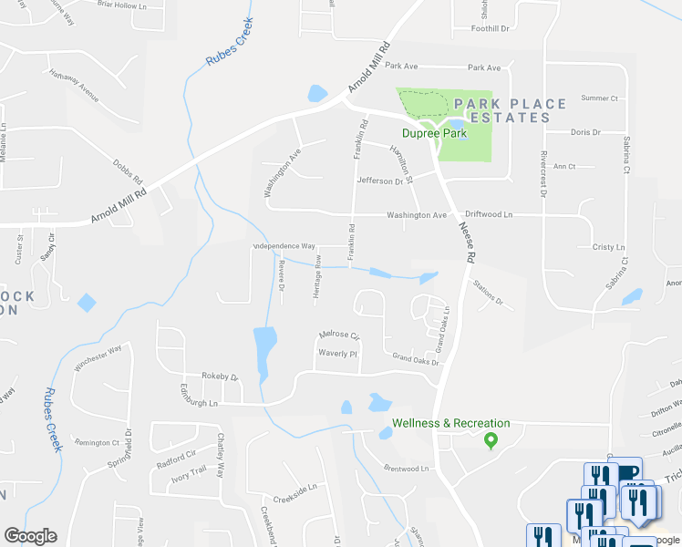map of restaurants, bars, coffee shops, grocery stores, and more near 405 Heritage Row in Woodstock