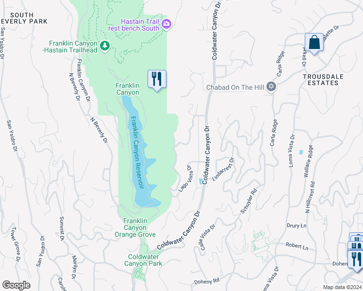 map of restaurants, bars, coffee shops, grocery stores, and more near 1280 Monte Cielo Drive in Beverly Hills