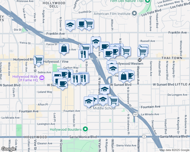 map of restaurants, bars, coffee shops, grocery stores, and more near Canyon Dr & Harold Way in Los Angeles
