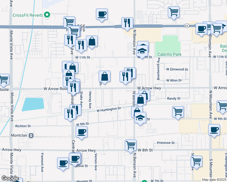 map of restaurants, bars, coffee shops, grocery stores, and more near 1730 West Arrow Route in Upland