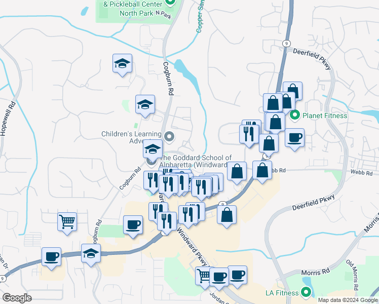 map of restaurants, bars, coffee shops, grocery stores, and more near 13067 Region Trace in Alpharetta