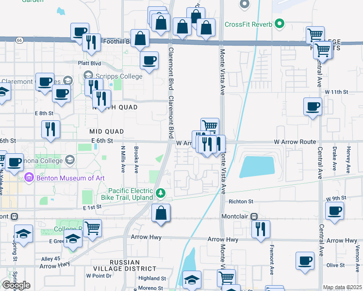 map of restaurants, bars, coffee shops, grocery stores, and more near 2459 Bruin Place in Upland