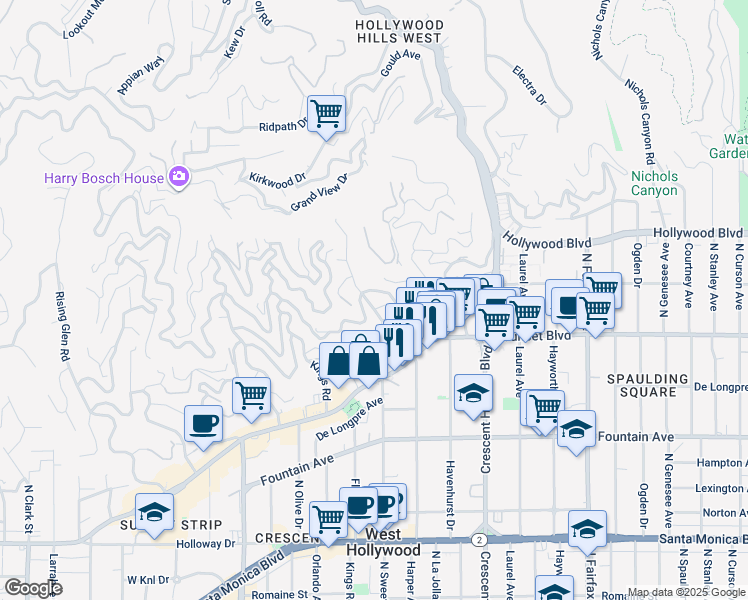 map of restaurants, bars, coffee shops, grocery stores, and more near 1542 Marmont Avenue in Los Angeles