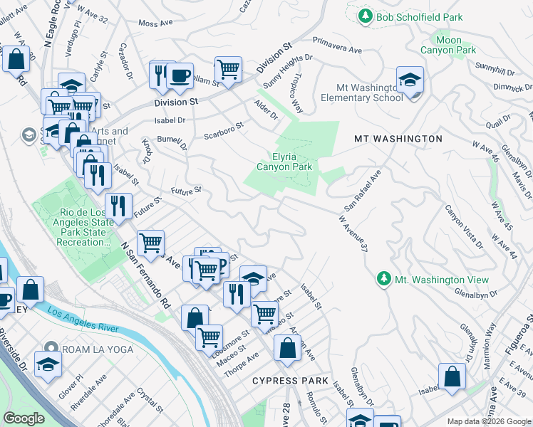 map of restaurants, bars, coffee shops, grocery stores, and more near 3630 Tacoma Avenue in Los Angeles