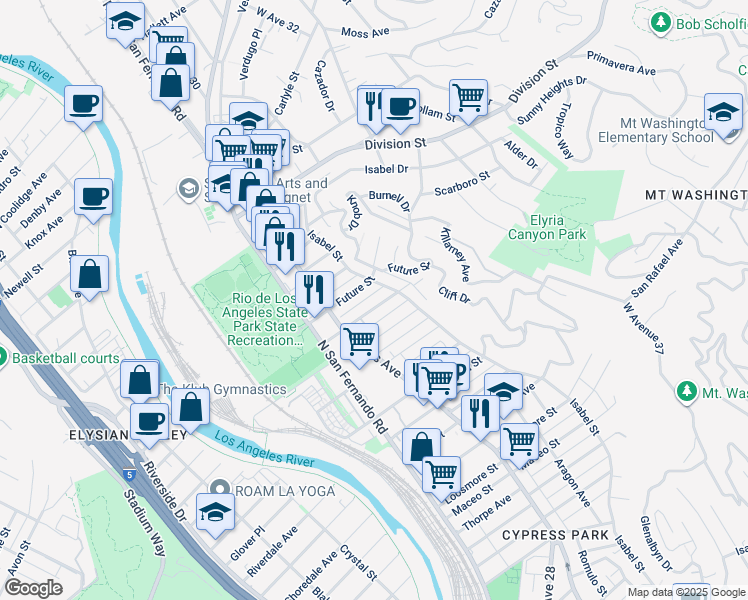 map of restaurants, bars, coffee shops, grocery stores, and more near 2913 Elm Street in Los Angeles