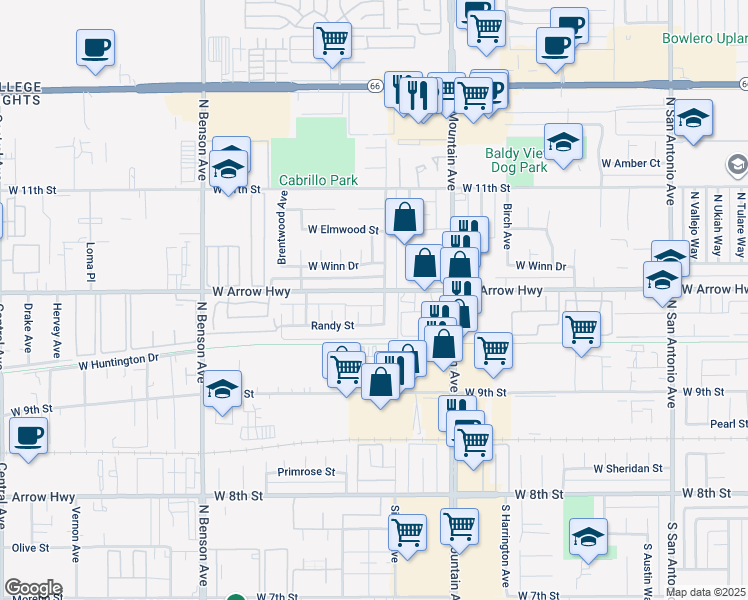 map of restaurants, bars, coffee shops, grocery stores, and more near 1322 West Arrow Highway in Upland