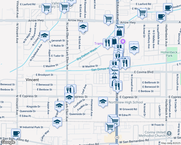 map of restaurants, bars, coffee shops, grocery stores, and more near 1113 East Brookport Street in Covina