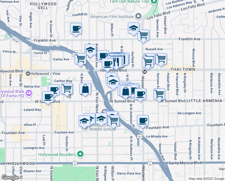 map of restaurants, bars, coffee shops, grocery stores, and more near North Wilton Place & Harold Way in Los Angeles