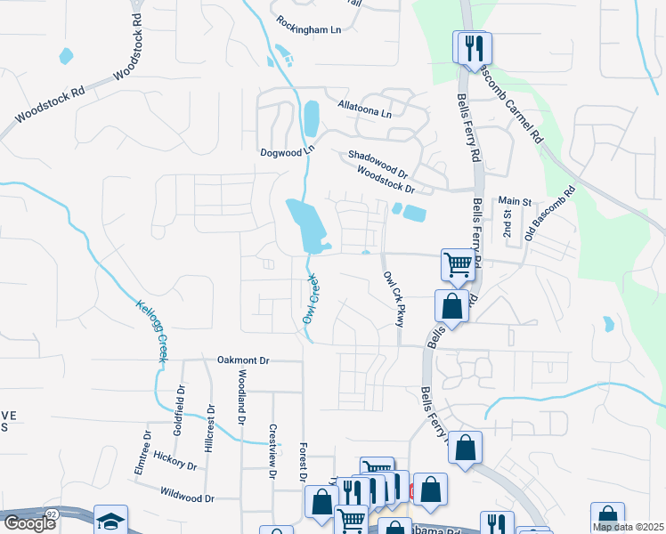 map of restaurants, bars, coffee shops, grocery stores, and more near 1372 Hunter Road in Acworth