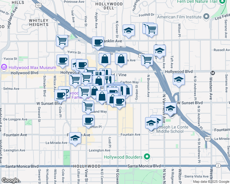 map of restaurants, bars, coffee shops, grocery stores, and more near 1575 North Gower Street in Los Angeles