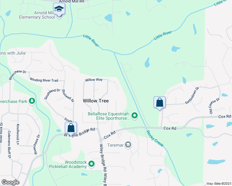 map of restaurants, bars, coffee shops, grocery stores, and more near 1672 Willow Way in Woodstock