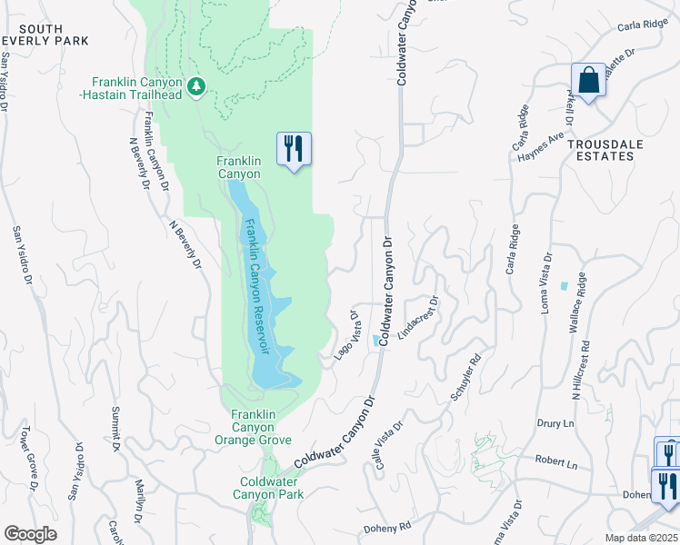 map of restaurants, bars, coffee shops, grocery stores, and more near 1280 Monte Cielo Drive in Beverly Hills