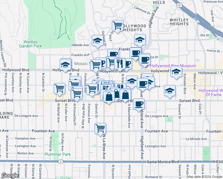 map of restaurants, bars, coffee shops, grocery stores, and more near 7027 Lanewood Avenue in Los Angeles