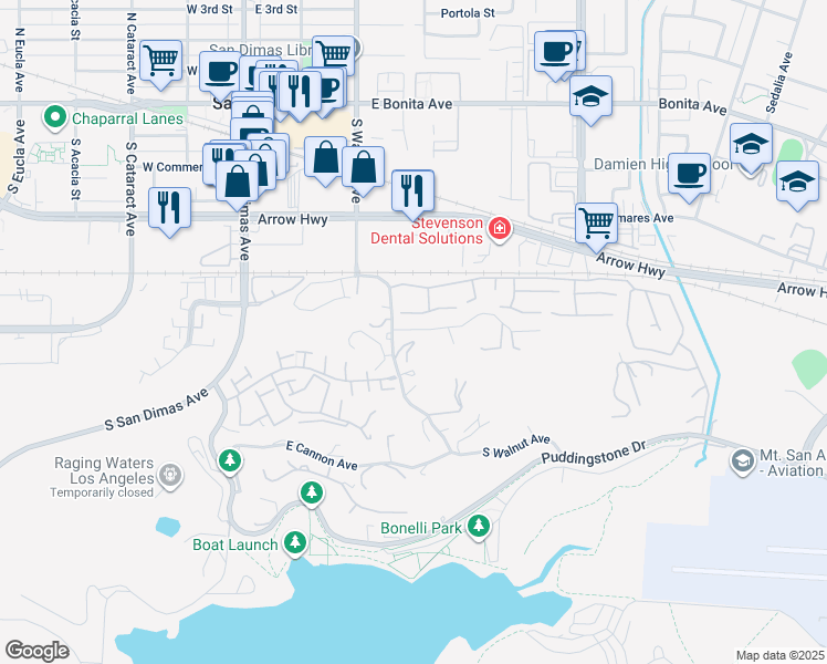 map of restaurants, bars, coffee shops, grocery stores, and more near 402 De Anza Heights Drive in San Dimas