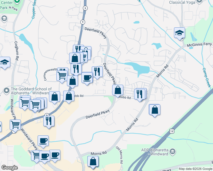 map of restaurants, bars, coffee shops, grocery stores, and more near 337 Pembroke Circle in Alpharetta