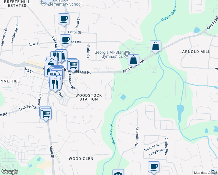 map of restaurants, bars, coffee shops, grocery stores, and more near 201 Sandy Circle in Woodstock