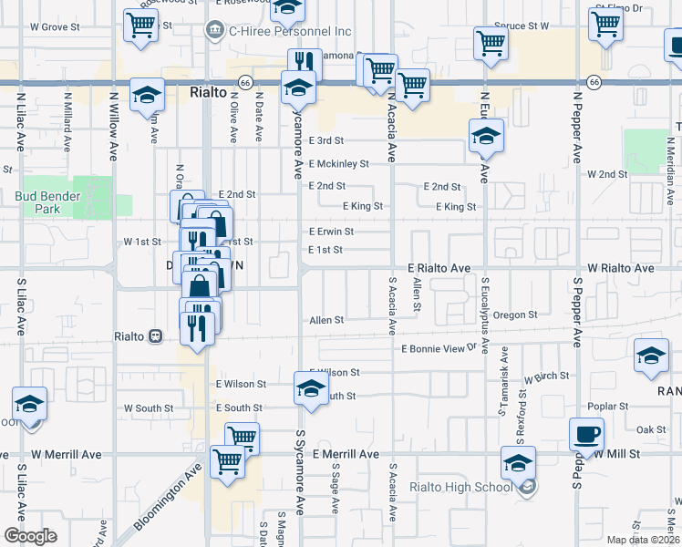 map of restaurants, bars, coffee shops, grocery stores, and more near 102 South Marcella Avenue in Rialto