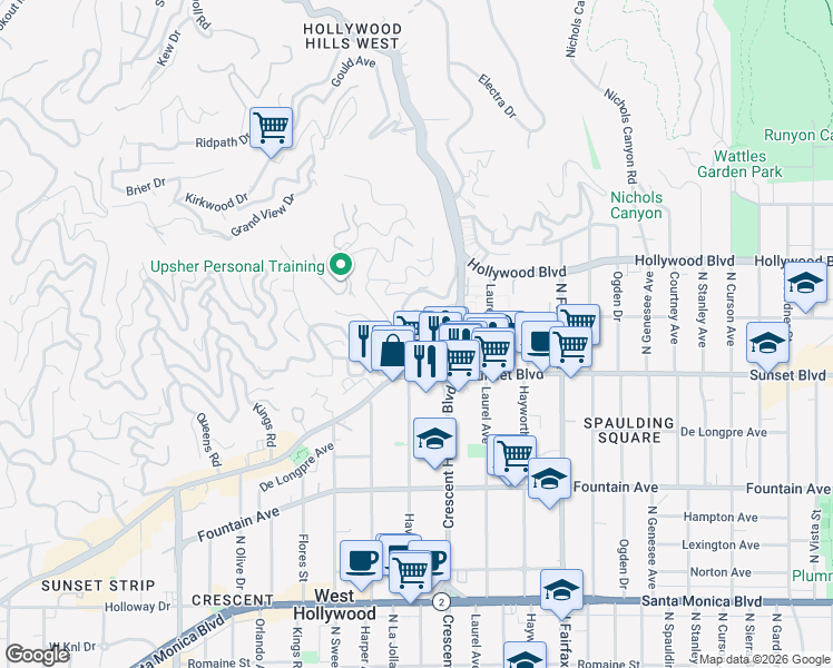 map of restaurants, bars, coffee shops, grocery stores, and more near 1558 North Crescent Heights Boulevard in West Hollywood