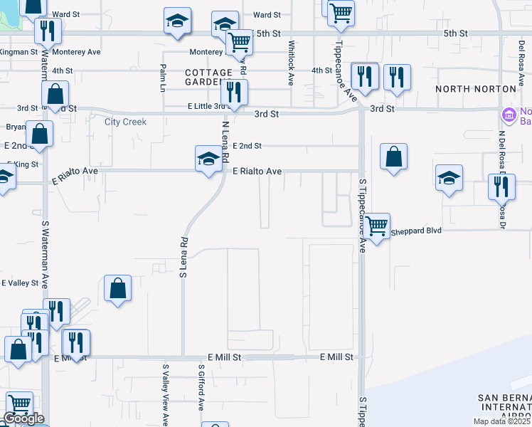 map of restaurants, bars, coffee shops, grocery stores, and more near 907 East Rialto Avenue in San Bernardino