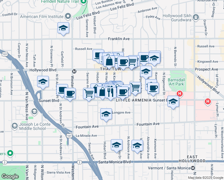 map of restaurants, bars, coffee shops, grocery stores, and more near 1537 North Kingsley Drive in Los Angeles