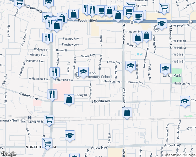 map of restaurants, bars, coffee shops, grocery stores, and more near 2911 Hollander Street in Pomona