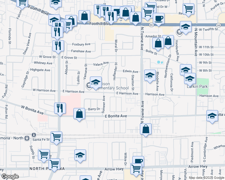 map of restaurants, bars, coffee shops, grocery stores, and more near 2911 Hollander Street in Pomona