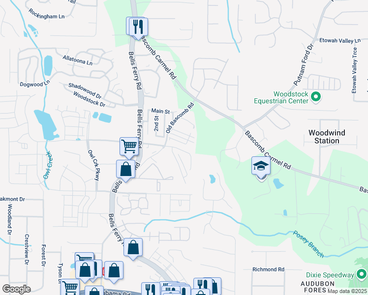 map of restaurants, bars, coffee shops, grocery stores, and more near 131 Linton Drive in Acworth
