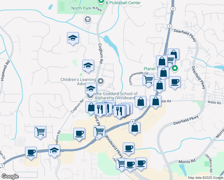 map of restaurants, bars, coffee shops, grocery stores, and more near 13065 Region Trace in Alpharetta