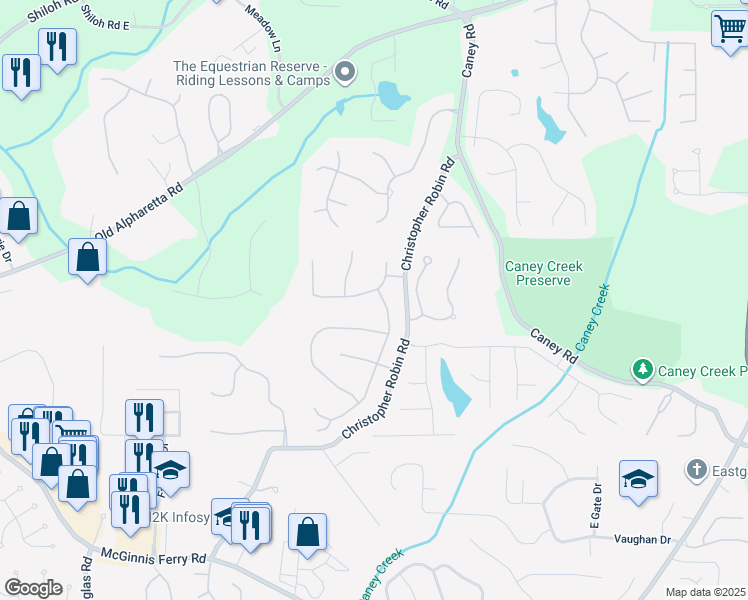 map of restaurants, bars, coffee shops, grocery stores, and more near 2270 Rose Walk Drive in Alpharetta
