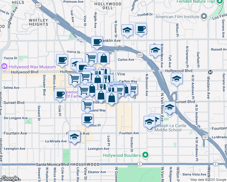 map of restaurants, bars, coffee shops, grocery stores, and more near 6116 Selma Avenue in Los Angeles
