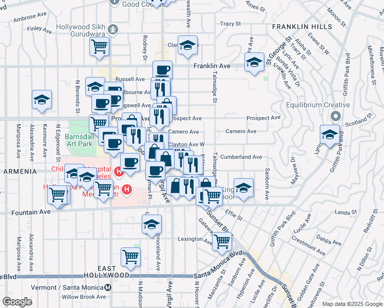 map of restaurants, bars, coffee shops, grocery stores, and more near 1536 North Commonwealth Avenue in Los Angeles