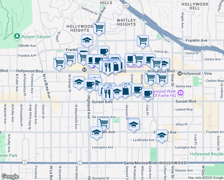 map of restaurants, bars, coffee shops, grocery stores, and more near 6660 Selma Avenue in Los Angeles