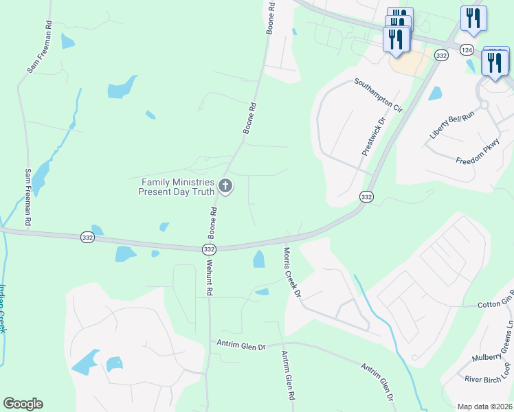 map of restaurants, bars, coffee shops, grocery stores, and more near 115 Wood Crest Lane in Hoschton