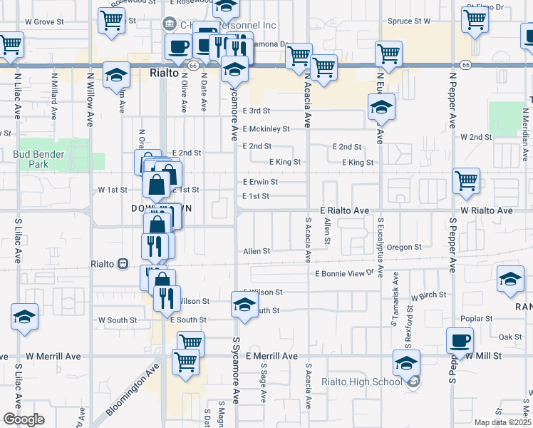 map of restaurants, bars, coffee shops, grocery stores, and more near 102 South Marcella Avenue in Rialto