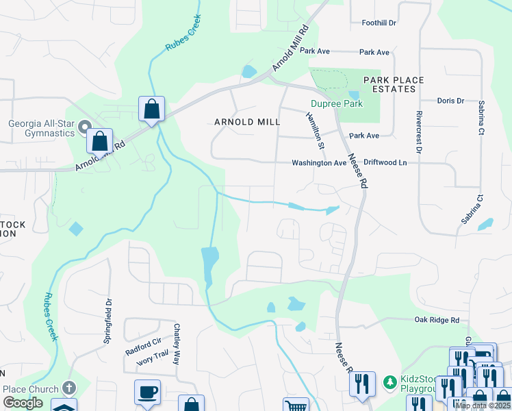 map of restaurants, bars, coffee shops, grocery stores, and more near 405 Heritage Row in Woodstock