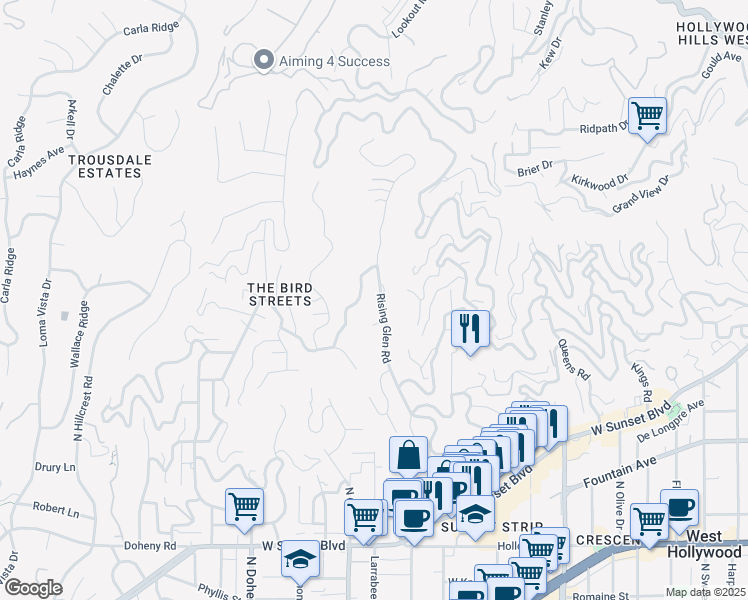 map of restaurants, bars, coffee shops, grocery stores, and more near 1527 Rising Glen Road in Los Angeles