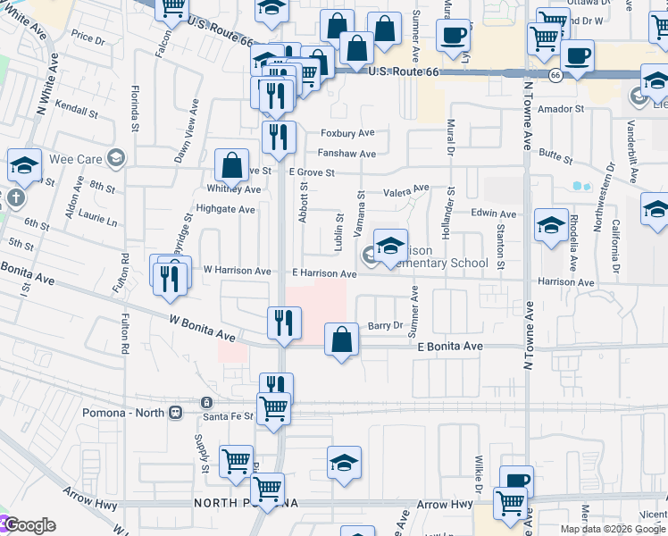 map of restaurants, bars, coffee shops, grocery stores, and more near 279 East Harrison Avenue in Pomona