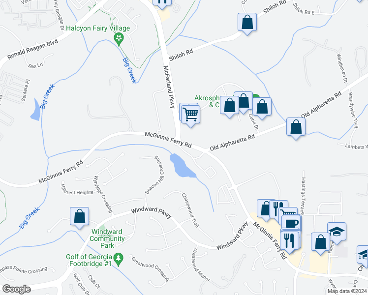 map of restaurants, bars, coffee shops, grocery stores, and more near 4915 Tidewater Way in Alpharetta