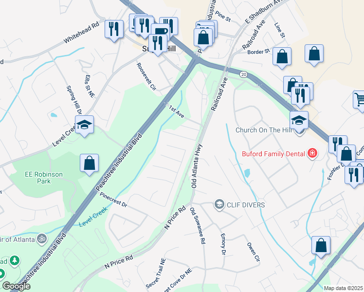 map of restaurants, bars, coffee shops, grocery stores, and more near 1371 Pine Acre Drive Northeast in Sugar Hill