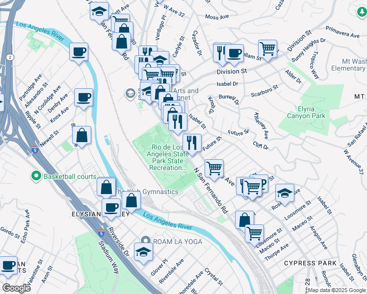 map of restaurants, bars, coffee shops, grocery stores, and more near 1803 North San Fernando Road in Los Angeles