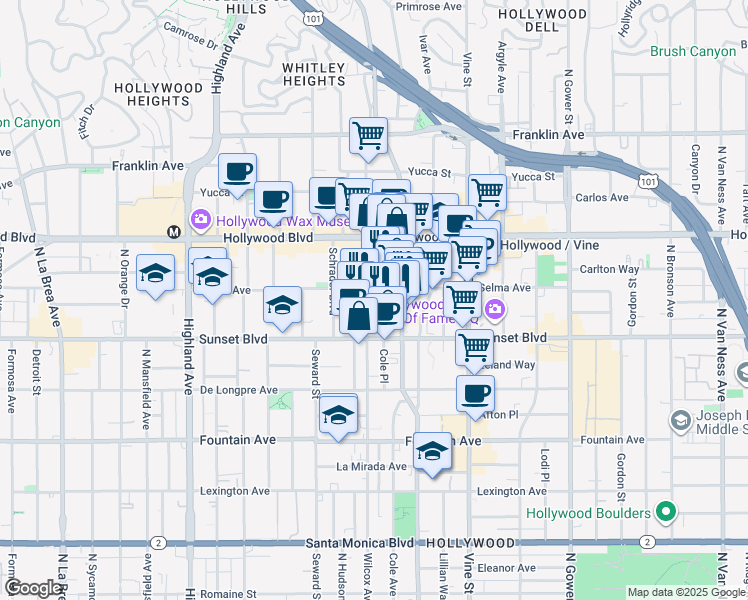 map of restaurants, bars, coffee shops, grocery stores, and more near in Los Angeles