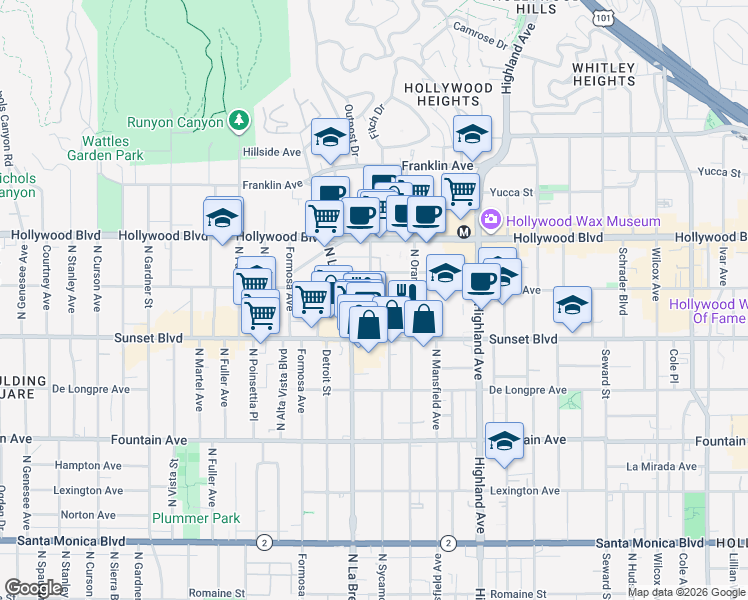 map of restaurants, bars, coffee shops, grocery stores, and more near 7027 Lanewood Avenue in Los Angeles